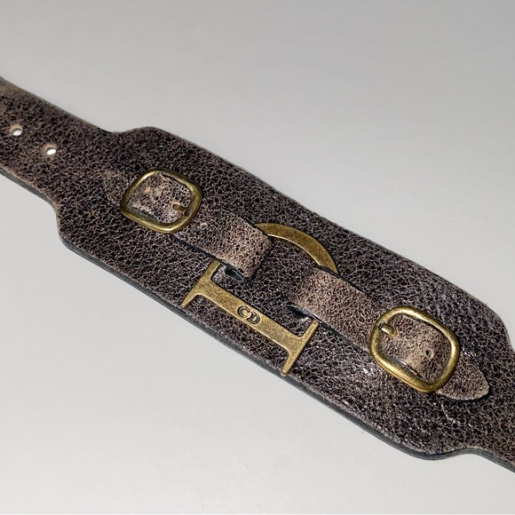 VTG Christian Dior Brown Leather Bronze Saddle D Charm Belt Buckle Logo Bracelet - Picture 4 of 15